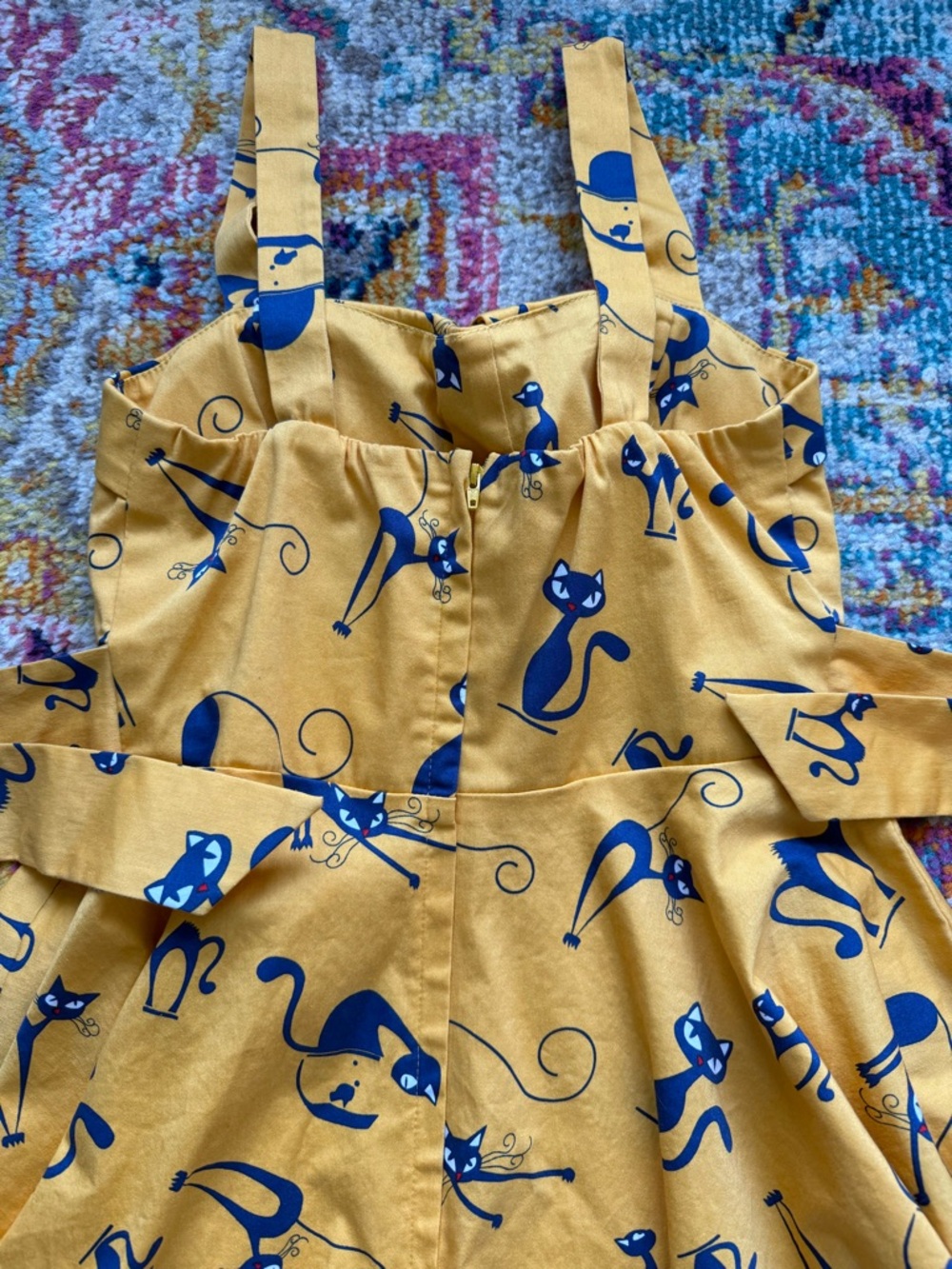 Cat Print Yellow /mustard short dress - Size M (Made in USA) - Picture 2 of 3